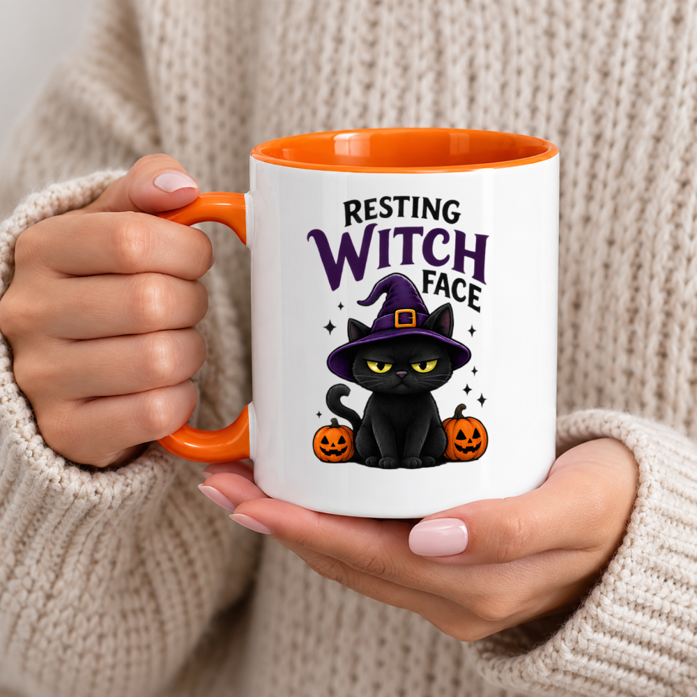 Halloween Mug "Resting Witch Face Black Cat" Resting Witch Face Black Cat 325ml Ceramic Coffee Mug – Funny Halloween Autumn Tea Cup with Black Cat Witch Hat Jack O Lanterns Sparkles Graphic Gift | Fast Dispatch by UK Seller (M3206)