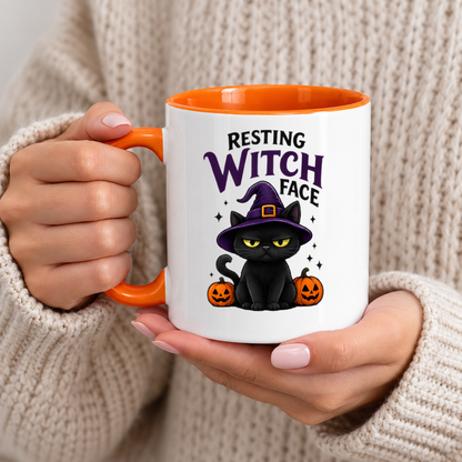 Halloween Mug "Resting Witch Face Black Cat" Resting Witch Face Black Cat 325ml Ceramic Coffee Mug – Funny Halloween Autumn Tea Cup with Black Cat Witch Hat Jack O Lanterns Sparkles Graphic Gift | Fast Dispatch by UK Seller (M3206)