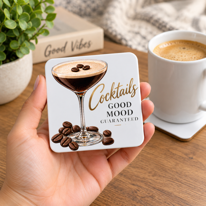 Stylish Espresso Martini Hardboard Coaster "Cocktails Good Mood Guaranteed" Graphic 9cm x 9cm Square Drinks Coaster – Espresso Martini Coupe Glass with Coffee Beans Novelty Mat | Elegant Glossy Gift for Cocktail Lovers | Fast Dispatch by UK Seller (C3011)