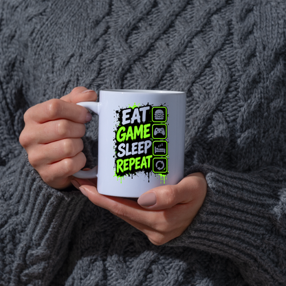 Gaming Mug "Eat Game Sleep Repeat" Eat Game Sleep Repeat 325ml Ceramic Coffee Mug – Gamer Routine Mug with Burger, Controller, Bed & Recycle Icons | Video Game Gift | Fast Dispatch by UK Seller (M3346)