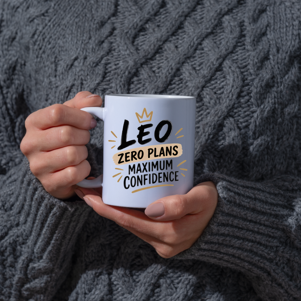 Personalized Name Mug "Leo Zero Plans Maximum Confidence" Leo Zero Plans Maximum Confidence 325ml Ceramic Coffee Mug – Custom Name Typography Slogan with Golden Crown & Tan Watercolor Brushstroke Banner | Funny Gift | Fast Dispatch by UK Seller (M3451)