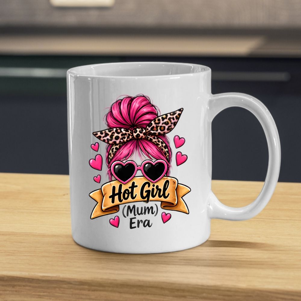 Sassy Mum Mug "Hot Girl (Mum) Era" 325ml Ceramic Coffee Mug Trendy Messy Bun Tea Cup with Leopard Bandana, Heart Sunglasses & Hearts Gift | Available in Multicolours | Fast Dispatch by UK Seller (M1306)