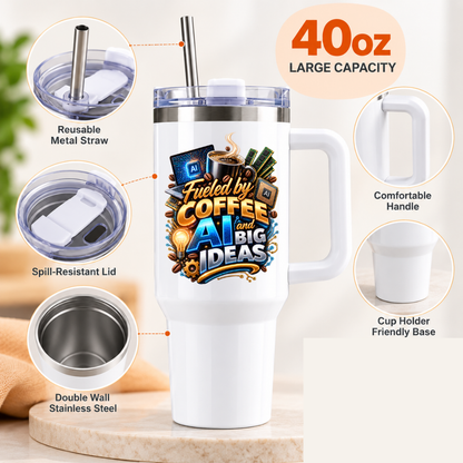 Funny Tech Travel Tumbler "Fueled by COFFEE AI and BIG IDEAS" Graphic 40oz Stainless Steel Travel Mug with Handle & Straw – Tech Laptop, Steaming Coffee Cup, RAM & Processor Chip Novelty Gift for Coders & Office | Fast Dispatch by UK Seller (T3049)