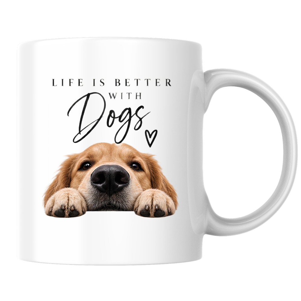 Dog Lover Mug "LIFE IS BETTER WITH Dogs" Golden Retriever 325ml Ceramic Coffee Mug Cute Puppy Tea Cup with Peeking Dog & Paw Graphic Gift | Available in Multicolours | Fast Dispatch by UK Seller (M3009)