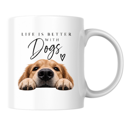 Dog Lover Mug "LIFE IS BETTER WITH Dogs" Golden Retriever 325ml Ceramic Coffee Mug Cute Puppy Tea Cup with Peeking Dog & Paw Graphic Gift | Available in Multicolours | Fast Dispatch by UK Seller (M3009)