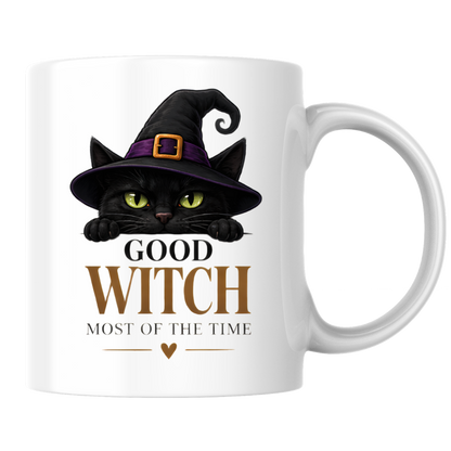 Halloween Mug "GOOD WITCH MOST OF THE TIME" Black Cat 325ml Ceramic Coffee Mug Peeking Black Cat Tea Cup with Purple Witch Hat & Heart Graphic Gift | Available in Multicolours | Fast Dispatch by UK Seller (M3079)