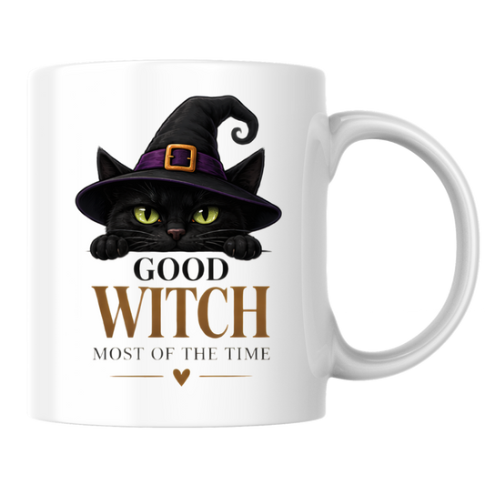 Halloween Mug "GOOD WITCH MOST OF THE TIME" Black Cat 325ml Ceramic Coffee Mug Peeking Black Cat Tea Cup with Purple Witch Hat & Heart Graphic Gift | Available in Multicolours | Fast Dispatch by UK Seller (M3079)