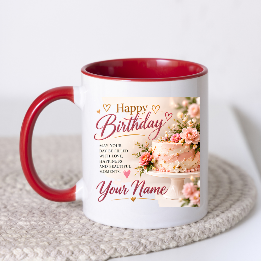 Personalised Birthday Mug "Happy Birthday" 325ml Ceramic Coffee Tea Cup – Pink Frosted Cake, Floral Decor, Custom Name & Love Wish Slogan Novelty Gift for Women, Bestie, Birthday – Fast Dispatch by UK Seller (M3512)