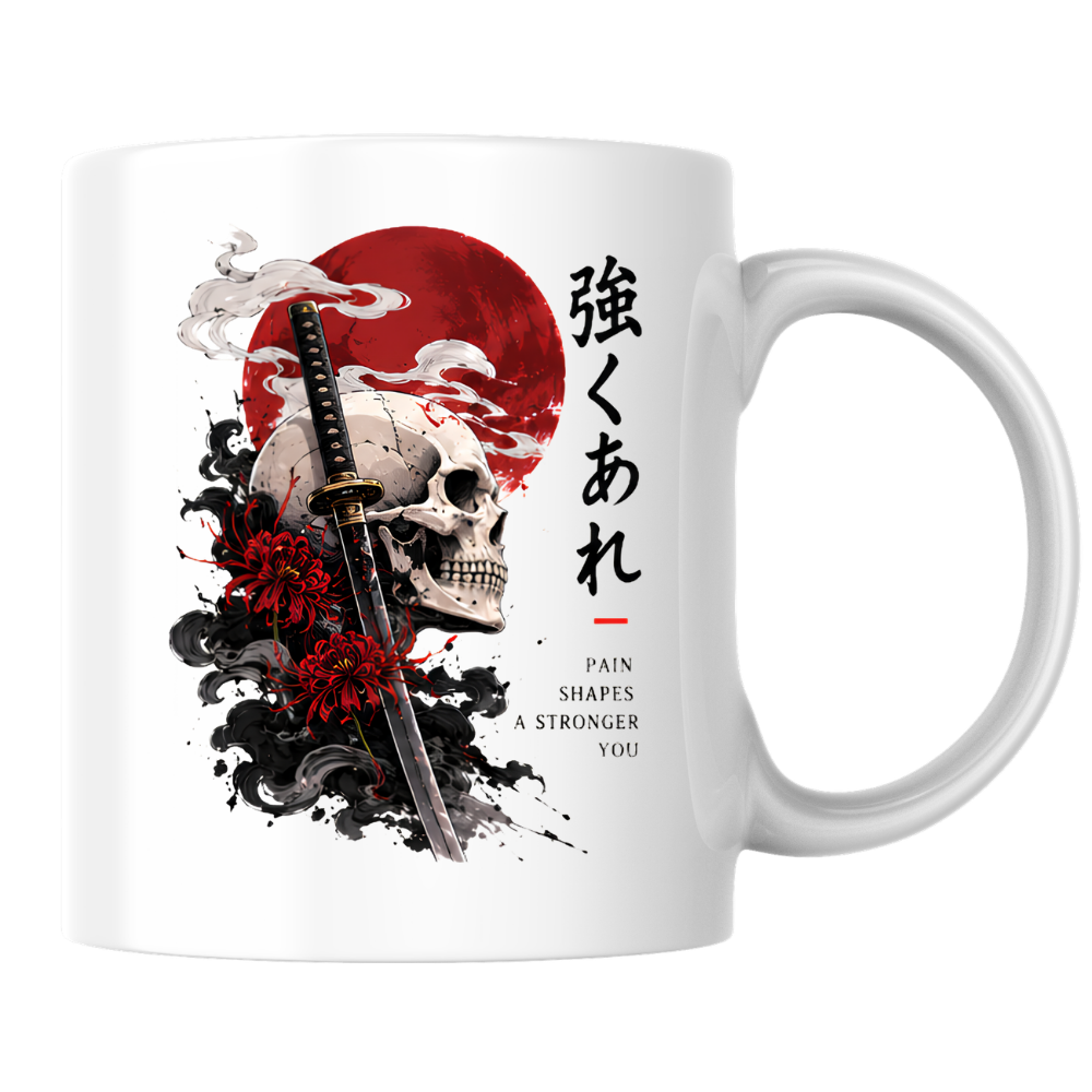 Inspirational Japanese Samurai Skull Mug "PAIN SHAPES A Stronger You" Katana & Red Sun 325ml Ceramic Coffee Mug – Aesthetic Resilience Tea Cup With Kanji Spider Lily Graphic Gift | Available in Multicolours | Fast Dispatch by UK Seller (M3047)