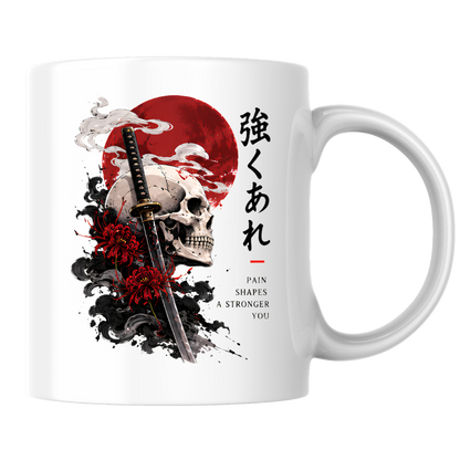 Inspirational Japanese Samurai Skull Mug "PAIN SHAPES A Stronger You" Katana & Red Sun 325ml Ceramic Coffee Mug – Aesthetic Resilience Tea Cup With Kanji Spider Lily Graphic Gift | Available in Multicolours | Fast Dispatch by UK Seller (M3047)