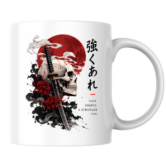Inspirational Japanese Samurai Skull Mug "PAIN SHAPES A Stronger You" Katana & Red Sun 325ml Ceramic Coffee Mug – Aesthetic Resilience Tea Cup With Kanji Spider Lily Graphic Gift | Available in Multicolours | Fast Dispatch by UK Seller (M3047)