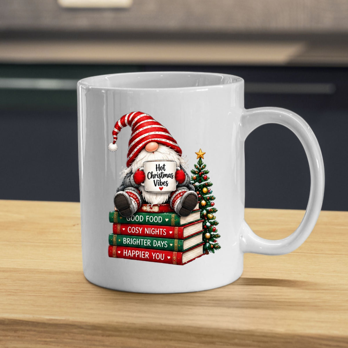 Cozy Mug "Hot Christmas Vibes" Gnome 325ml Ceramic Coffee Mug Festive Winter Holiday Tea Cup with Stack of Books & Striped Hat Gift | Available in Multicolours | Fast Dispatch by UK Seller (M1255)