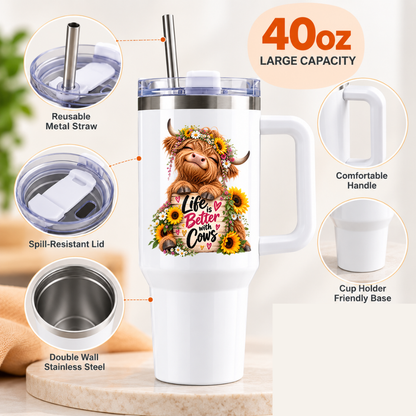 Floral Sunflower Highland Cow Travel Tumbler "Life is Better with Cows" Graphic 40oz Stainless Steel Insulated Travel Mug with Handle & Straw – Highland Cow in Flower Crown & Wooden Sign Novelty Travel Cup | Fast Dispatch by UK Seller (T3040)