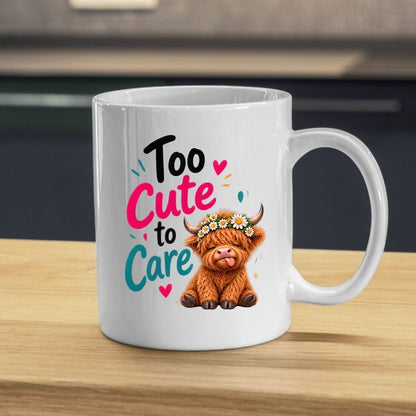 Sassy Mug "Too Cute to Care" Highland Cow 325ml Ceramic Coffee Mug Cute Animal Tea Cup with Daisy Flower Crown & Cheeky Calf Gift | Available in Multicolours | Fast Dispatch by UK Seller (M1285)
