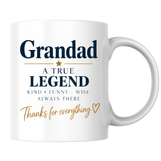 Family Mug "Grandad A TRUE LEGEND" Sweet Grandpa 325ml Ceramic Coffee Mug Heartwarming Grandad Tea Cup with Gold Script Typography Graphic Gift | Available in Multicolours | Fast Dispatch by UK Seller (M3021)