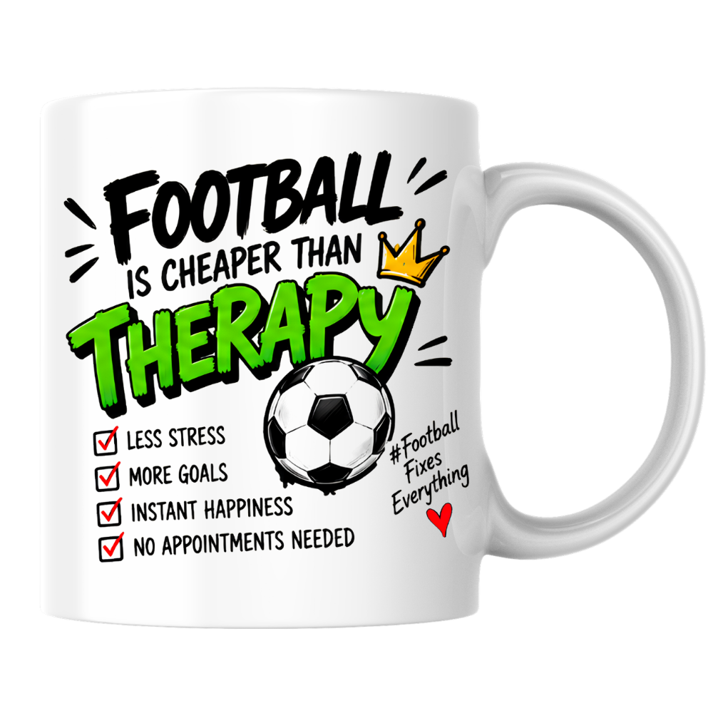 Football Mug "FOOTBALL IS CHEAPER THAN THERAPY" Crown Football 325ml Ceramic Coffee Mug Sporty Therapy Checklist Tea Cup with "#FootballFixesEverything" Graphic Gift | Available in Multicolours | Fast Dispatch by UK Seller (M3095)