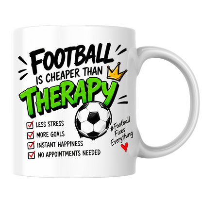 Football Mug "FOOTBALL IS CHEAPER THAN THERAPY" Crown Football 325ml Ceramic Coffee Mug Sporty Therapy Checklist Tea Cup with "#FootballFixesEverything" Graphic Gift | Available in Multicolours | Fast Dispatch by UK Seller (M3095)
