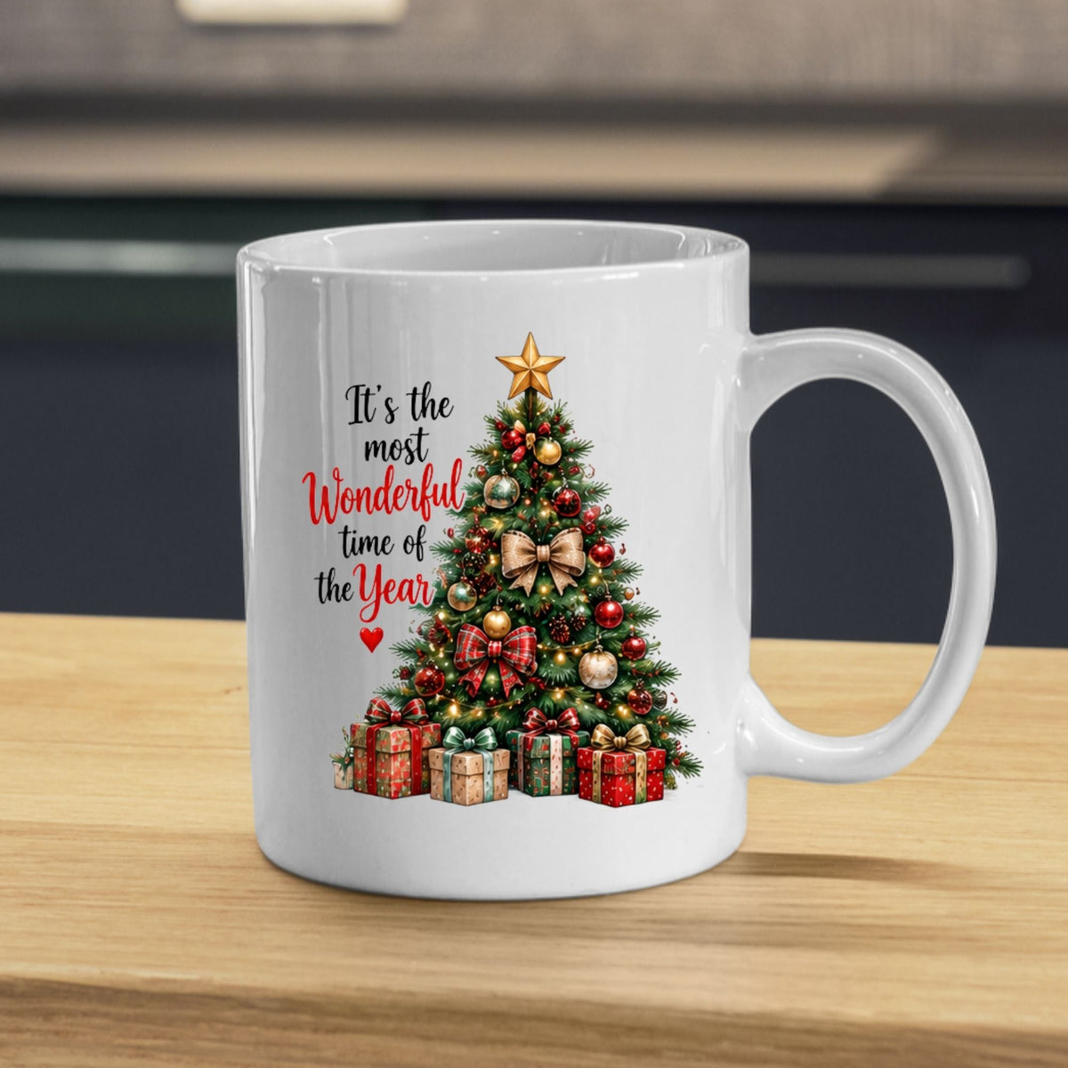 Festive Mug "It's the Most Wonderful Time of the Year" Christmas Tree 325ml Ceramic Coffee Mug – Classic Holiday Tea Cup with Ornaments, Star Gifts Gift | Available in Multicolours | Fast Dispatch by UK Seller (M1262)