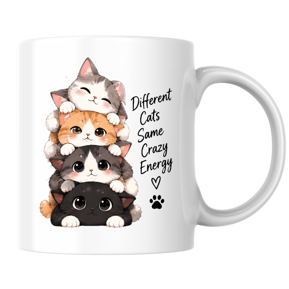 Funny Cat Mug "Different Cats Same Crazy Energy" Stacked Kittens 325ml Ceramic Coffee Mug Cute Cat Lover Tea Cup with Cute Kitten Stack & Paw Print Graphic Gift | Available in Multicolours | Fast Dispatch by UK Seller (M3027)