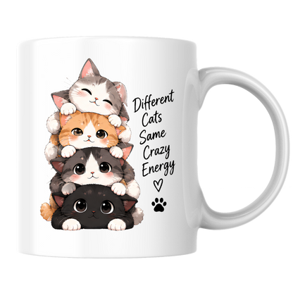 Funny Cat Mug "Different Cats Same Crazy Energy" Stacked Kittens 325ml Ceramic Coffee Mug Cute Cat Lover Tea Cup with Cute Kitten Stack & Paw Print Graphic Gift | Available in Multicolours | Fast Dispatch by UK Seller (M3027)