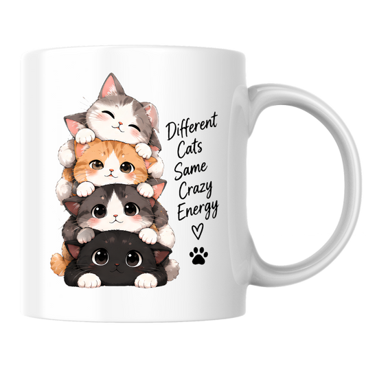 Funny Cat Mug "Different Cats Same Crazy Energy" Stacked Kittens 325ml Ceramic Coffee Mug Cute Cat Lover Tea Cup with Cute Kitten Stack & Paw Print Graphic Gift | Available in Multicolours | Fast Dispatch by UK Seller (M3027)