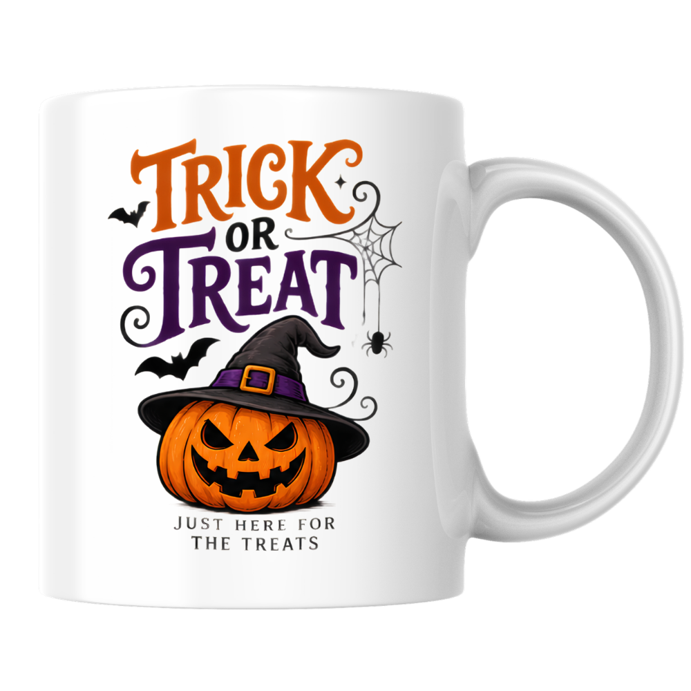 Halloween Mug "TRICK OR Treat Just Here For The Treats" Jack-o'-lantern 325ml Ceramic Coffee Mug – Festive Pumpkin Tea Cup with Witch Hat Spider Web Graphic Gift | Available in Multicolours | Fast Dispatch by UK Seller (M3071)