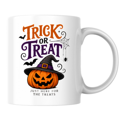Halloween Mug "TRICK OR Treat Just Here For The Treats" Jack-o'-lantern 325ml Ceramic Coffee Mug – Festive Pumpkin Tea Cup with Witch Hat Spider Web Graphic Gift | Available in Multicolours | Fast Dispatch by UK Seller (M3071)