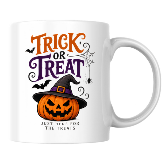 Halloween Mug "TRICK OR Treat Just Here For The Treats" Jack-o'-lantern 325ml Ceramic Coffee Mug – Festive Pumpkin Tea Cup with Witch Hat Spider Web Graphic Gift | Available in Multicolours | Fast Dispatch by UK Seller (M3071)