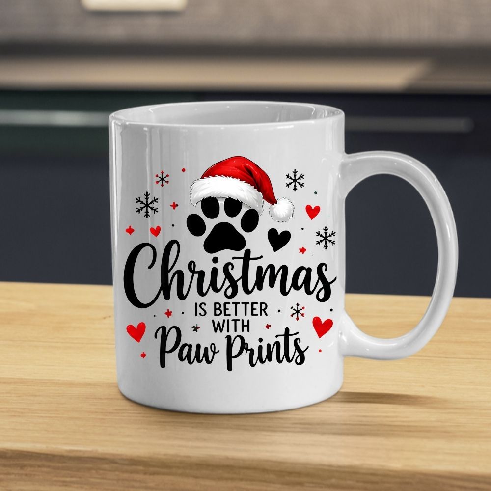 Festive Mug "Christmas is Better with Paw Prints" Santa Hat 325ml Ceramic Coffee Mug Cute Winter Holiday Tea Cup with Dog & Cat Paw, Hearts and Snowflakes | Available in Multicolours | Fast Dispatch by UK Seller (M1273)