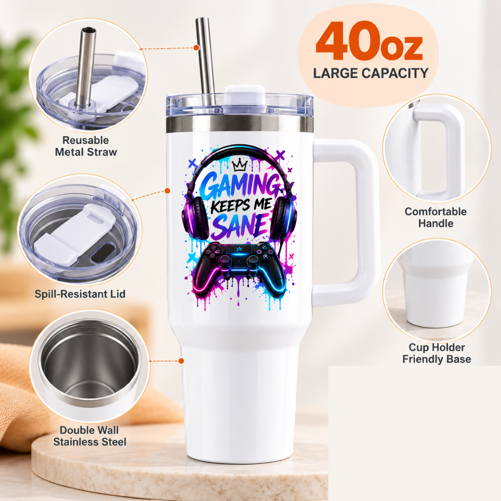Neon Gaming Travel Tumbler "Gaming Keeps Me Sane" Graphic 40oz Stainless Steel Insulated Travel Mug with Handle & Straw – Headphones, Controller & Paint Splatter Novelty Gift for Gamers | Fast Dispatch by UK Seller (T3065)