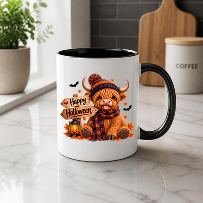 Halloween Mug "Cozy Beanie Happy Halloween" Cozy Halloween Highland Cow 325ml Ceramic Coffee Mug – Autumn Beanie Tea Cup with Wooden Sign Lantern Graphic Gift | Available in Multicolours | Fast Dispatch by UK Seller (M3167)