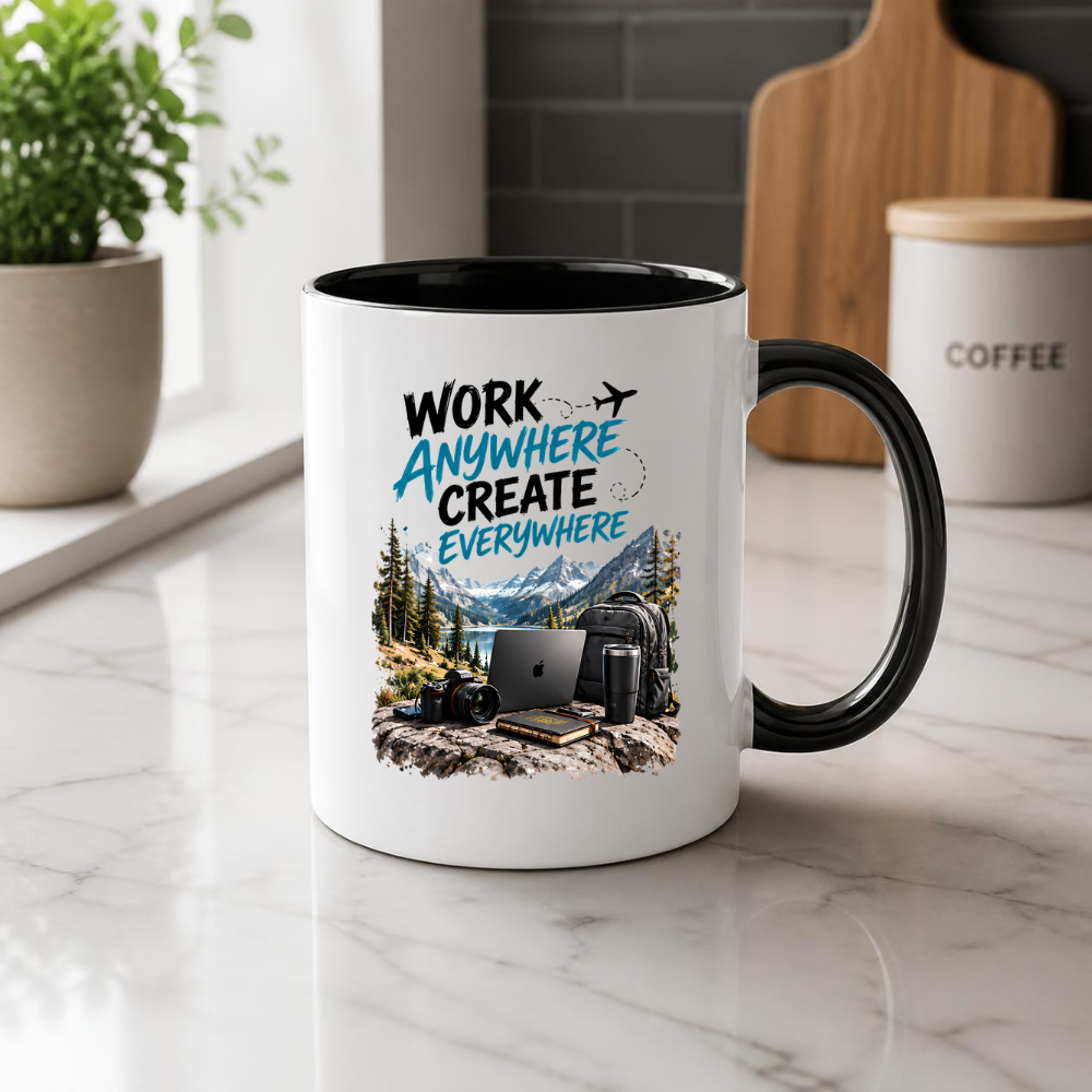 Tech Mug "Work Anywhere Create Everywhere" Work Anywhere Create Everywhere 325ml Ceramic Coffee Mug – Digital Nomad Mug with Mountain Lake, Laptop, Camera & Travel Backpack | Remote Work Gift | Fast Dispatch by UK Seller (M3334)