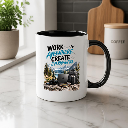 Tech Mug "Work Anywhere Create Everywhere" Work Anywhere Create Everywhere 325ml Ceramic Coffee Mug – Digital Nomad Mug with Mountain Lake, Laptop, Camera & Travel Backpack | Remote Work Gift | Fast Dispatch by UK Seller (M3334)