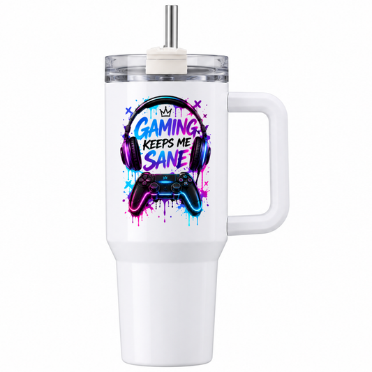 Neon Gaming Travel Tumbler "Gaming Keeps Me Sane" Graphic 40oz Stainless Steel Insulated Travel Mug with Handle & Straw – Headphones, Controller & Paint Splatter Novelty Gift for Gamers | Fast Dispatch by UK Seller (T3065)