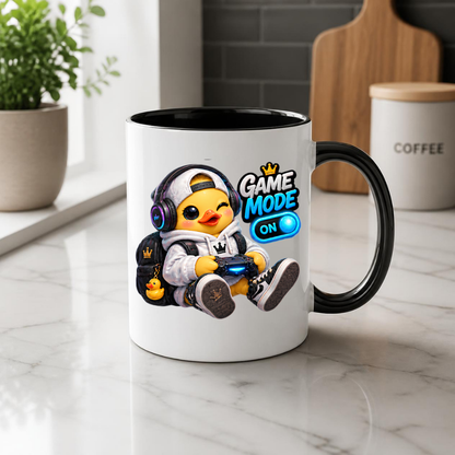 Gamer Mug "Game Mode On Gamer Duck" Game Mode On 325ml Ceramic Coffee Mug – Cute Gamer Duck in White Hoodie, Cap, RGB Gaming Headset Holding Controller Fun Gift For Gamers Friends | Available in Multicolours | Fast Dispatch by UK Seller (M3255)
