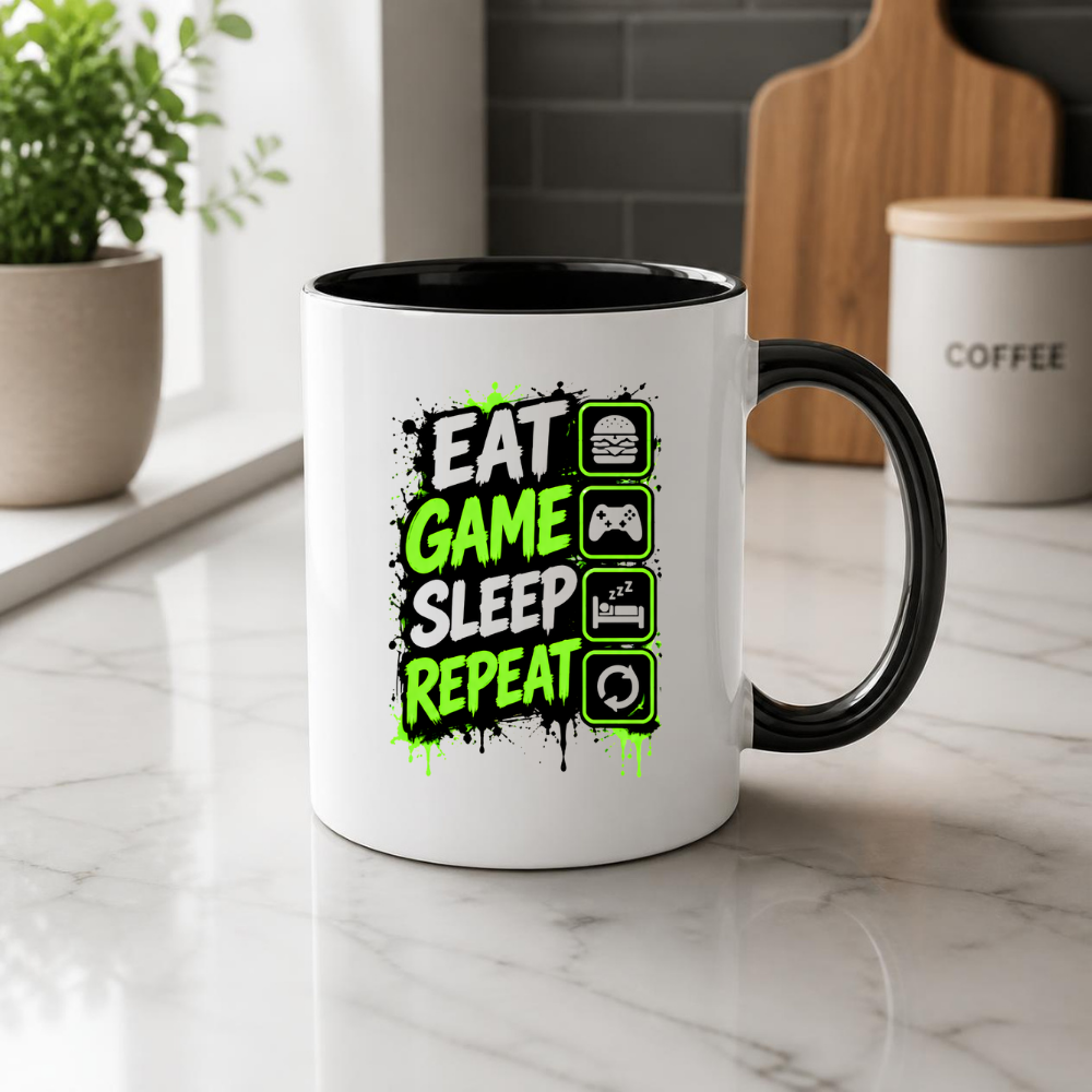 Gaming Mug "Eat Game Sleep Repeat" Eat Game Sleep Repeat 325ml Ceramic Coffee Mug – Gamer Routine Mug with Burger, Controller, Bed & Recycle Icons | Video Game Gift | Fast Dispatch by UK Seller (M3346)