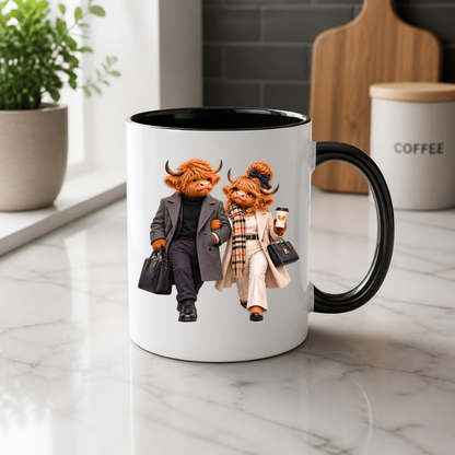 Fashion Mug "Elegance Highland Cow Couple Walking" Elegance Highland Cow Couple 325ml Ceramic Coffee Mug– Chic Winter Walking Tea Cup with Charcoal Overcoat Beige Trench Scarf Graphic Gift | Available in Multicolours | Fast Dispatch by UK Seller (M3191)