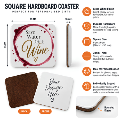 Witty Wine Stain Hardboard Coaster "Save Water Drink Wine" Graphic 9cm x 9cm Square Drinks Coaster “ Wine Glass Ring Stain Ring with Splash Droplets & Heart Novelty Mat | Sarcastic Glossy Gift for Wine Lovers | Fast Dispatch by UK Seller (C3017)