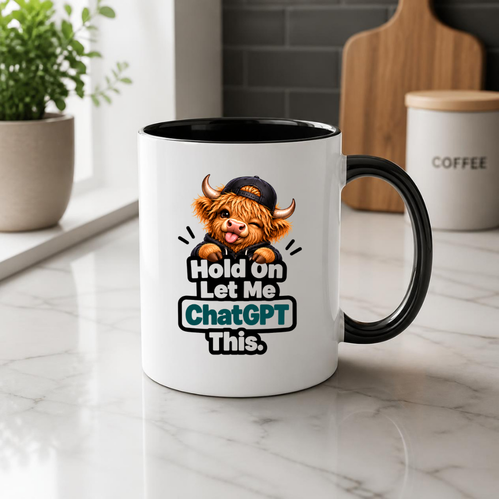 Funny Highland Cow AI Mug "Hold On Let Me ChatGPT This" Hold On Let Me ChatGPT This 325ml Ceramic Coffee Mug – Cute Highland Cow in Cap & Hoodie AI Tech Humor | Funny Work & Developer Gift | Fast Dispatch by UK Seller (M3458)