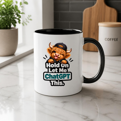 Funny Highland Cow AI Mug "Hold On Let Me ChatGPT This" Hold On Let Me ChatGPT This 325ml Ceramic Coffee Mug – Cute Highland Cow in Cap & Hoodie AI Tech Humor | Funny Work & Developer Gift | Fast Dispatch by UK Seller (M3458)