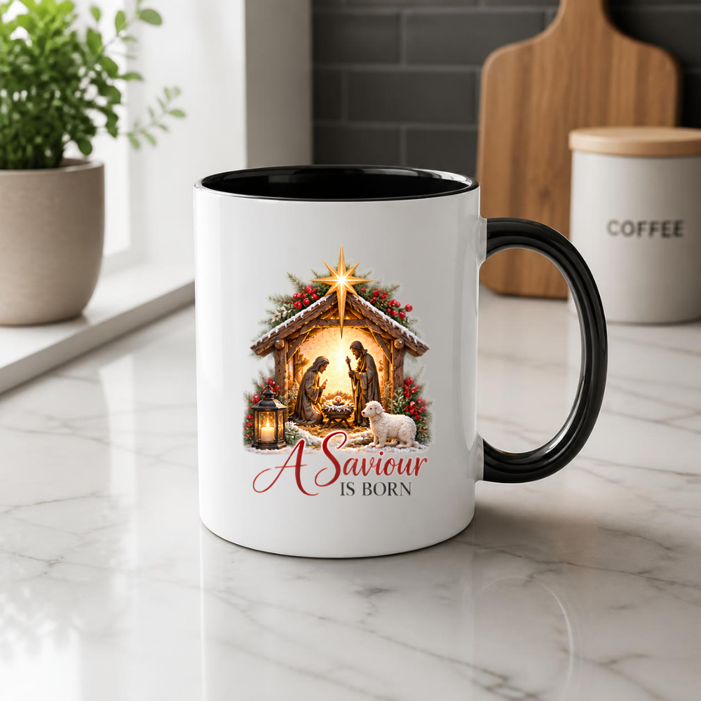 Christmas Mug "A Saviour Is Born Nativity Scene" 325ml Ceramic Coffee Mug – Christian Christmas Nativity Scene Mug with Bethlehem Star Baby Jesus Lamb Religious Holiday Gift | Available in Multicolours | Fast Dispatch by UK Seller (M3300)