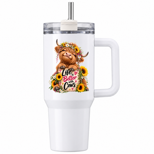 Floral Sunflower Highland Cow Travel Tumbler "Life is Better with Cows" Graphic 40oz Stainless Steel Insulated Travel Mug with Handle & Straw – Highland Cow in Flower Crown & Wooden Sign Novelty Travel Cup | Fast Dispatch by UK Seller (T3040)