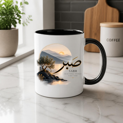 Islamic Mug "Sabr Beautiful Things Take Time" 325ml Ceramic Coffee Tea Cup – Gold Arabic Calligraphy Script, Olive Tree & Sunrise Mountain Landscape Religious Faith Gift for Muslims, Eid, Ramadan – Fast Dispatch by UK Seller (M3482)