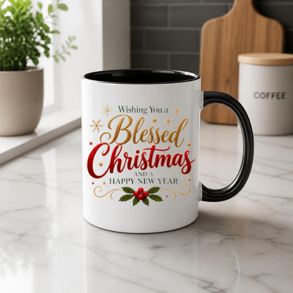 Christmas Mug "Wishing You A Blessed Christmas And A Happy New Year" 325ml Ceramic Coffee Mug Festive Typography Mug With Gold Stars Holly Swirls Holiday Gift | Available in Multicolours | Fast Dispatch by UK Seller (M3314)