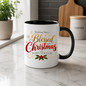 Christmas Mug "Wishing You A Blessed Christmas And A Happy New Year" 325ml Ceramic Coffee Mug Festive Typography Mug With Gold Stars Holly Swirls Holiday Gift | Available in Multicolours | Fast Dispatch by UK Seller (M3314)