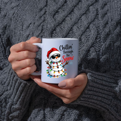 Cool Mug "Chillin' Through the Snow" Snowman 325ml Ceramic Coffee Mug  Funny Winter Holiday Tea Cup with Sunglasses & Christmas Lights Gift | Available in Multicolours | Fast Dispatch by UK Seller (M1248)