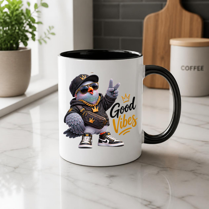 Streetwear Mug "Good Vibes Cool Pigeon" Good Vibes 325ml Ceramic Coffee Mug – Cool Pigeon with Cap, Sunglasses, Gold Chain, Hoodie & Sneakers Funny Hip Hop Bird Mug Gift For Friends | Available in Multicolours | Fast Dispatch by UK Seller (M3243)