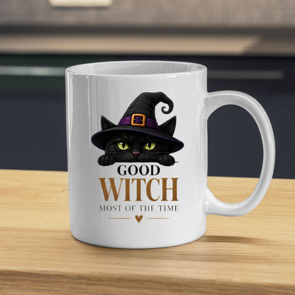 Halloween Mug "GOOD WITCH MOST OF THE TIME" Black Cat 325ml Ceramic Coffee Mug Peeking Black Cat Tea Cup with Purple Witch Hat & Heart Graphic Gift | Available in Multicolours | Fast Dispatch by UK Seller (M3079)