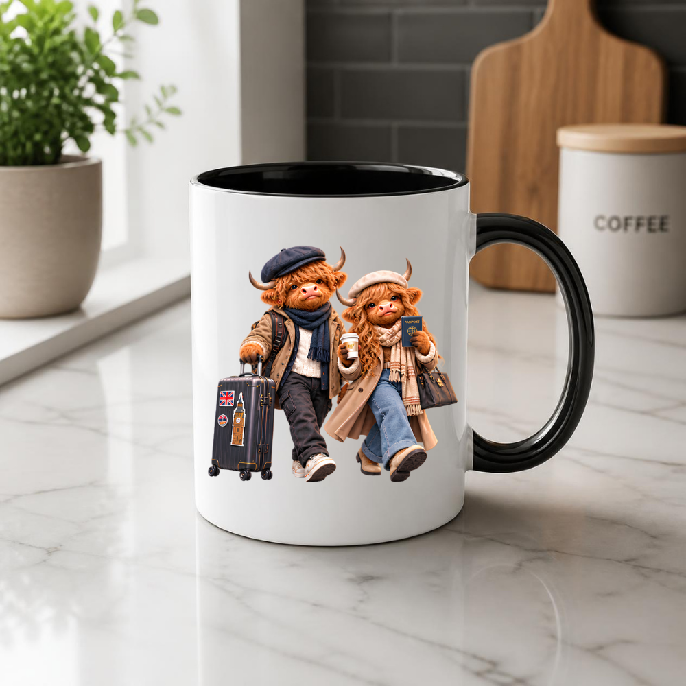 Travelers Mug "World Travelers Highland Cow Couple" 325ml Ceramic Mug – Stylish Highland Cow Couple with Passport Suitcase Stamped With Big Ben Union Jack Cozy Gift For Travelers Couples | Available in Multicolours | Fast Dispatch by UK Seller (M3262)