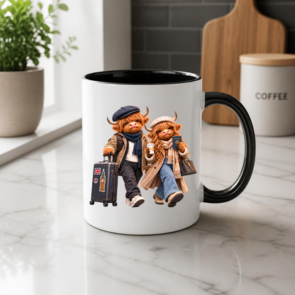 Travelers Mug "World Travelers Highland Cow Couple" 325ml Ceramic Mug – Stylish Highland Cow Couple with Passport Suitcase Stamped With Big Ben Union Jack Cozy Gift For Travelers Couples | Available in Multicolours | Fast Dispatch by UK Seller (M3262)